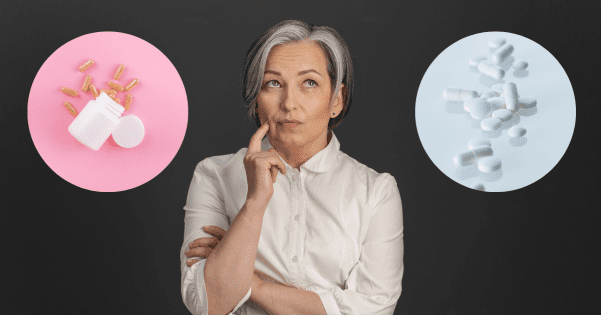 A thoughtful middle-aged woman is flanked by circular inserts of herbal capsules on the left and white pills on the right.