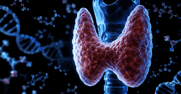 3D medical render of a human thyroid gland surrounded by floating DNA helices and molecular structures against a dark background.
