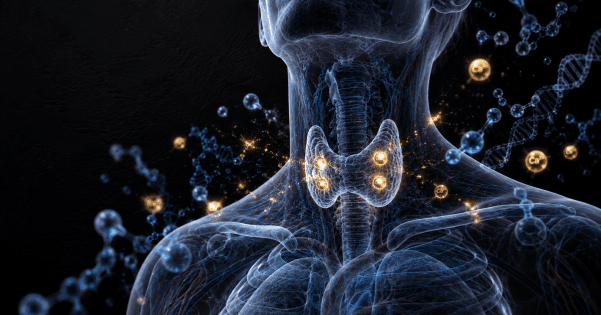 A glowing blue 3D rendering of the neck and throat area, highlighting four illuminated parathyroid glands overlaid on the thyroid gland amidst molecular structures.