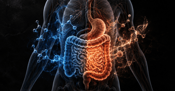 Glowing, split-color anatomical visual of a human torso highlighting the digestive system alongside blue and orange molecular structures.