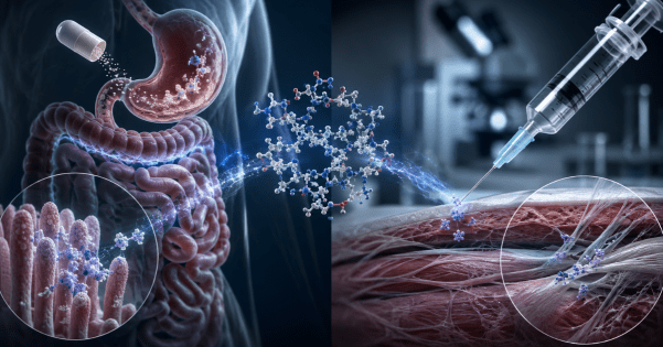 A split digital illustration depicting a compound being absorbed through oral capsule digestion in the stomach on the left and administered via syringe into muscle tissue on the right.