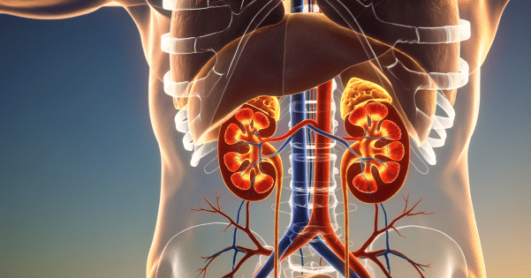 A 3D cross-section illustration of human kidneys and blood vessels in a transparent torso.