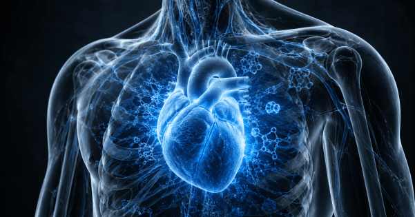 A glowing, blue 3D anatomical visualization of a human heart and circulatory system glowing inside a translucent torso.