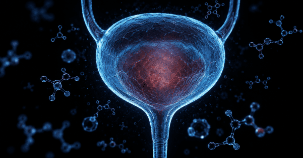 3D digital render of a glowing blue human bladder surrounded by floating molecular peptide structures against a dark background.