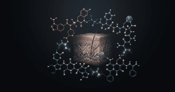 3D cross-section diagram of human skin layers surrounded by metallic ball-and-stick chemical representations of molecular peptide structures against a dark background.