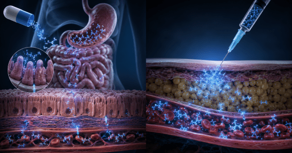 A 3D illustration contrasting oral capsule digestion through intestinal tissue on the left with direct injection through skin into the bloodstream on the right.