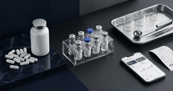 Flat-lay image showing pill bottles, glass vials, lab tray, and a smartphone displaying data.