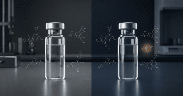 Side-by-side comparison of two clear glass medicine vials with floating chemical molecular diagrams.