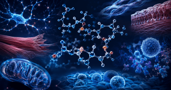 Scientific 3D rendering of molecular peptide structures surrounded by neurons, cellular tissue, antibodies, and a mitochondrion on a dark blue background.
